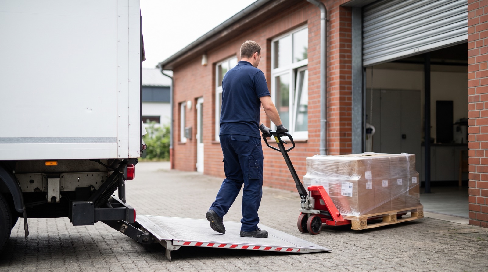 Fahrer in dunkelblauem Poloshirt, von hinten gesehen, schiebt eine folierte Palette mit dem Hubwagen von der Ladebordwand zum Rolltor eines Laborgebäudes